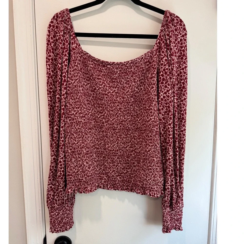 Boden Burgundy Floral Smocked Square Neck Long‎ Sleeve Top Womens US 12